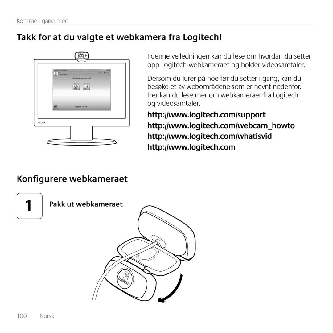 Logitech C615 manual Takk for at du valgte et webkamera fra Logitech, Konfigurere webkameraet, Pakk ut webkameraet, Norsk 
